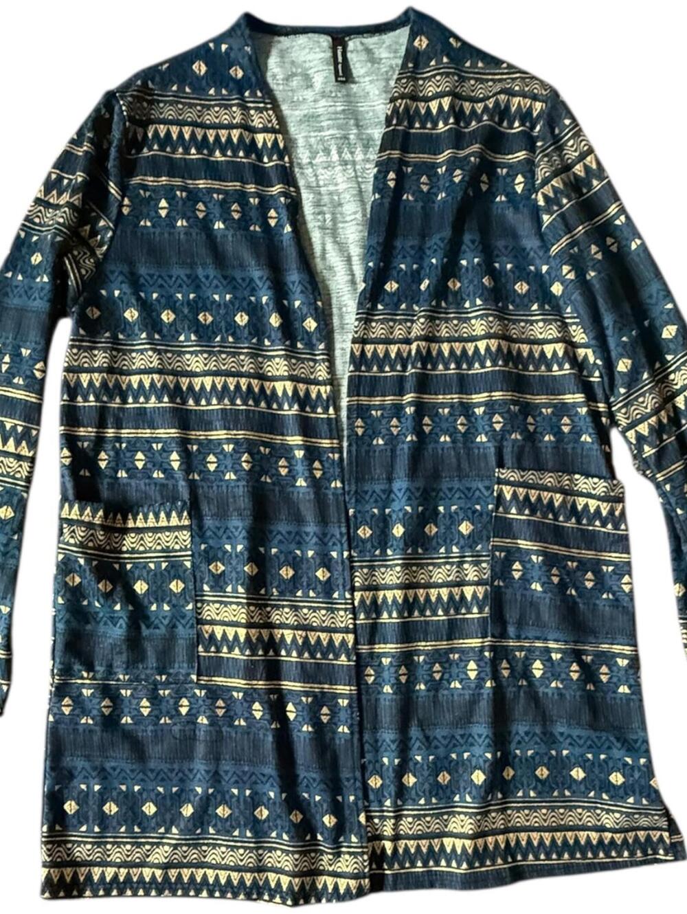 Haute Apparel Navy & Gold Geometric Open Front Cardigan – Size 3XL